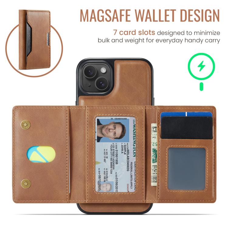For iPhone 15 Plus MAGKING K4 Series MagSafe RFID Tri-fold Card Bag Detachable Phone Case