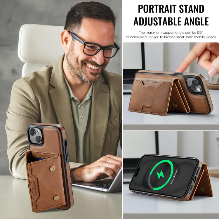 For iPhone 15 Plus MAGKING K4 Series MagSafe RFID Tri-fold Card Bag Detachable Phone Case