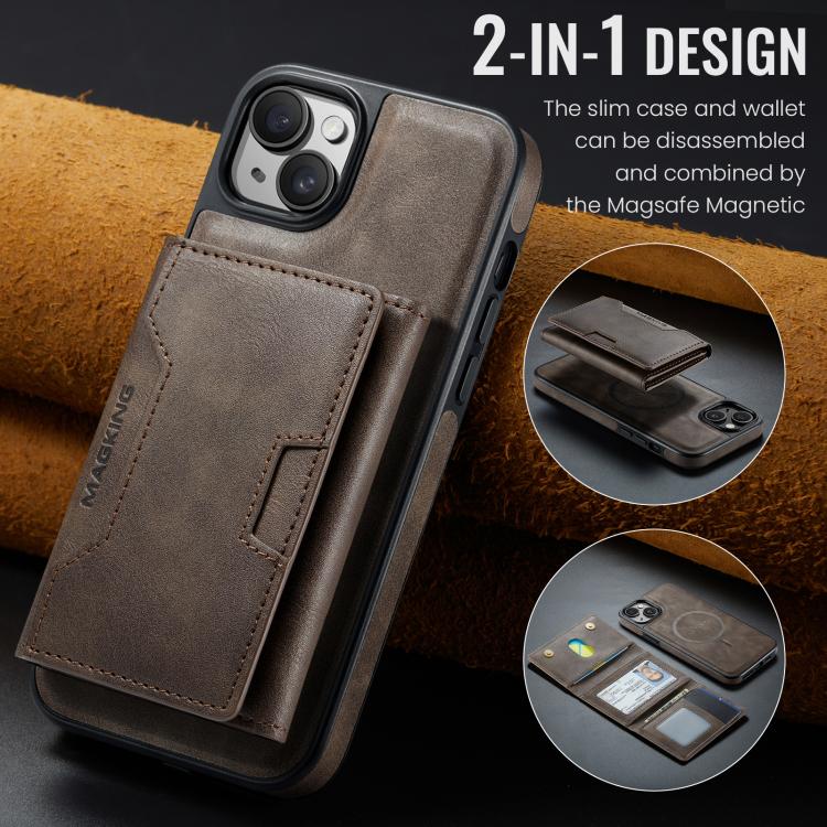 For iPhone 15 Plus MAGKING K4 Series MagSafe RFID Tri-fold Card Bag Detachable Phone Case