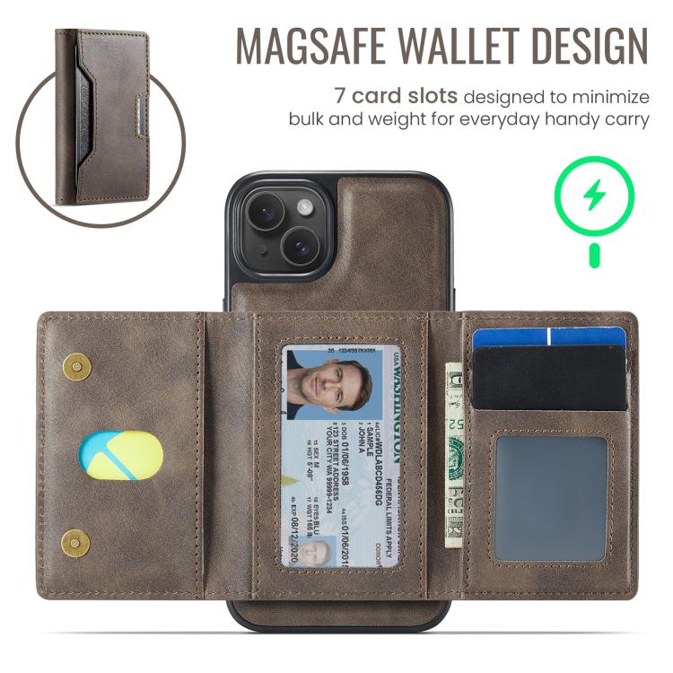 For iPhone 15 Plus MAGKING K4 Series MagSafe RFID Tri-fold Card Bag Detachable Phone Case