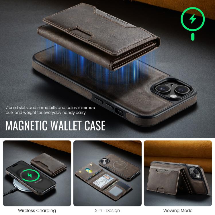 For iPhone 15 Plus MAGKING K4 Series MagSafe RFID Tri-fold Card Bag Detachable Phone Case