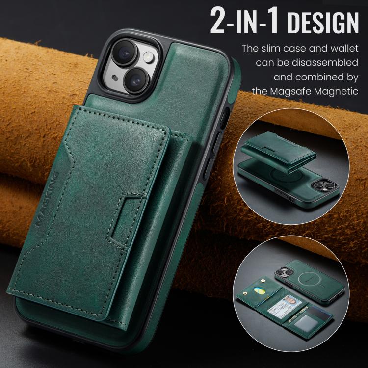 For iPhone 15 Plus MAGKING K4 Series MagSafe RFID Tri-fold Card Bag Detachable Phone Case