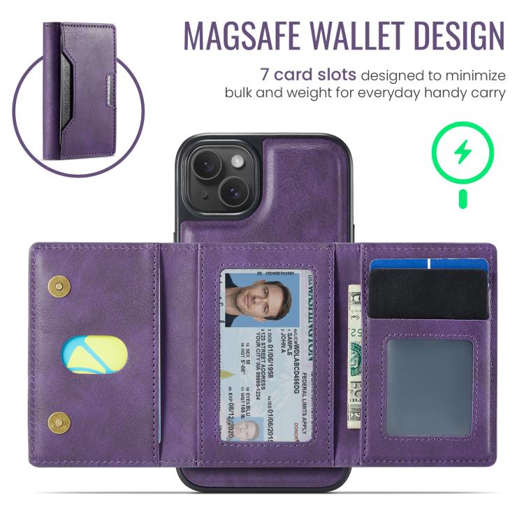 For iPhone 15 Plus MAGKING K4 Series MagSafe RFID Tri-fold Card Bag Detachable Phone Case