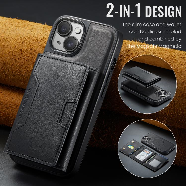 For iPhone 15 MAGKING K4 Series MagSafe RFID Tri-fold Card Bag Detachable Phone Case