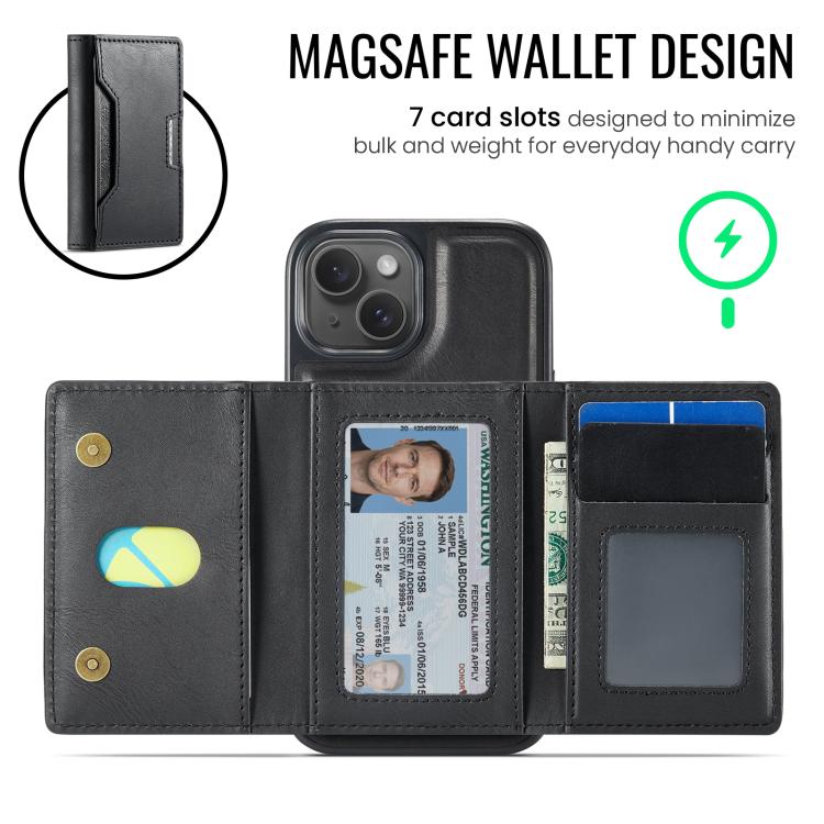 For iPhone 15 MAGKING K4 Series MagSafe RFID Tri-fold Card Bag Detachable Phone Case
