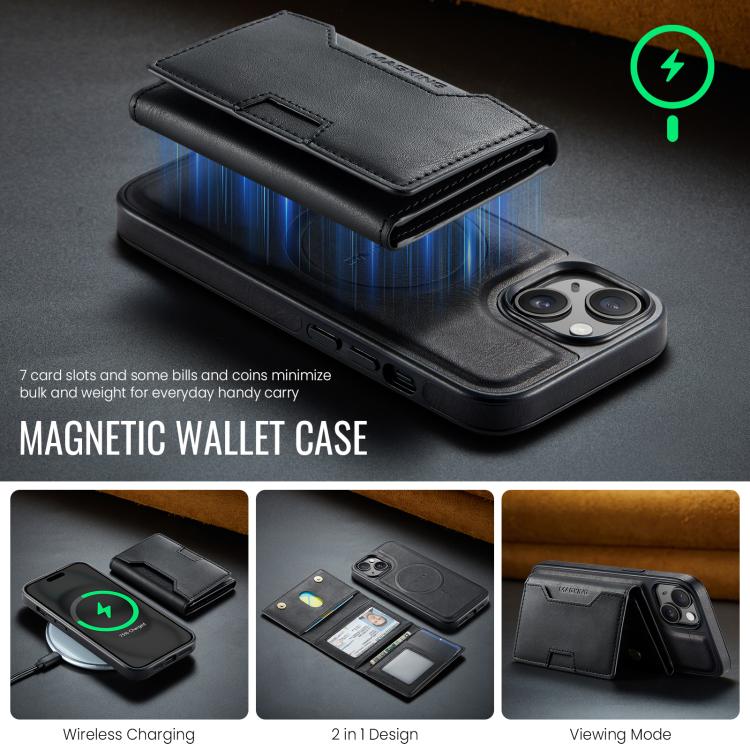 For iPhone 15 MAGKING K4 Series MagSafe RFID Tri-fold Card Bag Detachable Phone Case