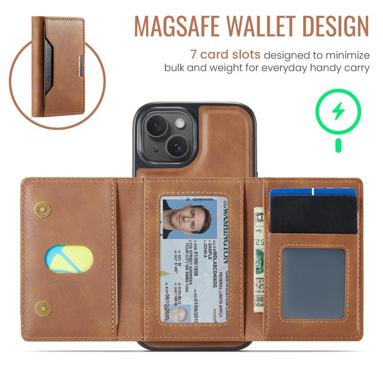 For iPhone 15 MAGKING K4 Series MagSafe RFID Tri-fold Card Bag Detachable Phone Case