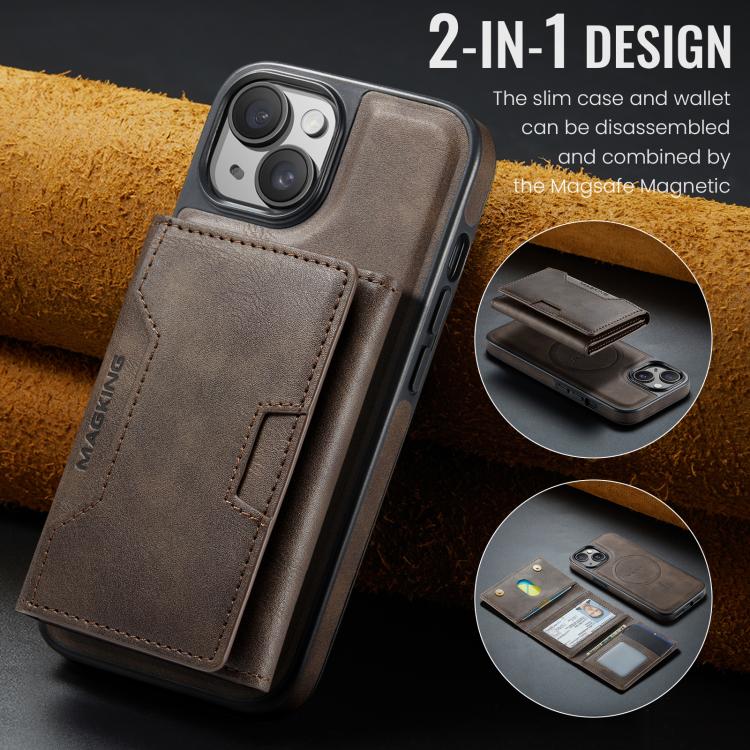For iPhone 15 MAGKING K4 Series MagSafe RFID Tri-fold Card Bag Detachable Phone Case