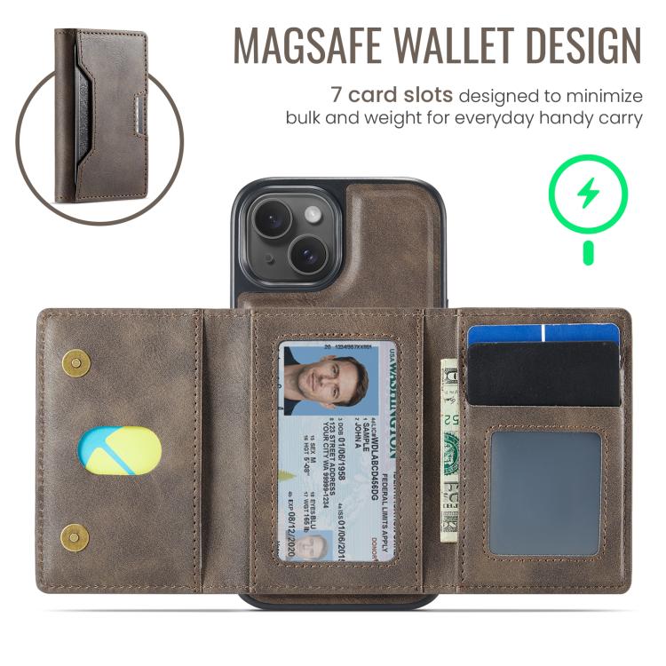 For iPhone 15 MAGKING K4 Series MagSafe RFID Tri-fold Card Bag Detachable Phone Case