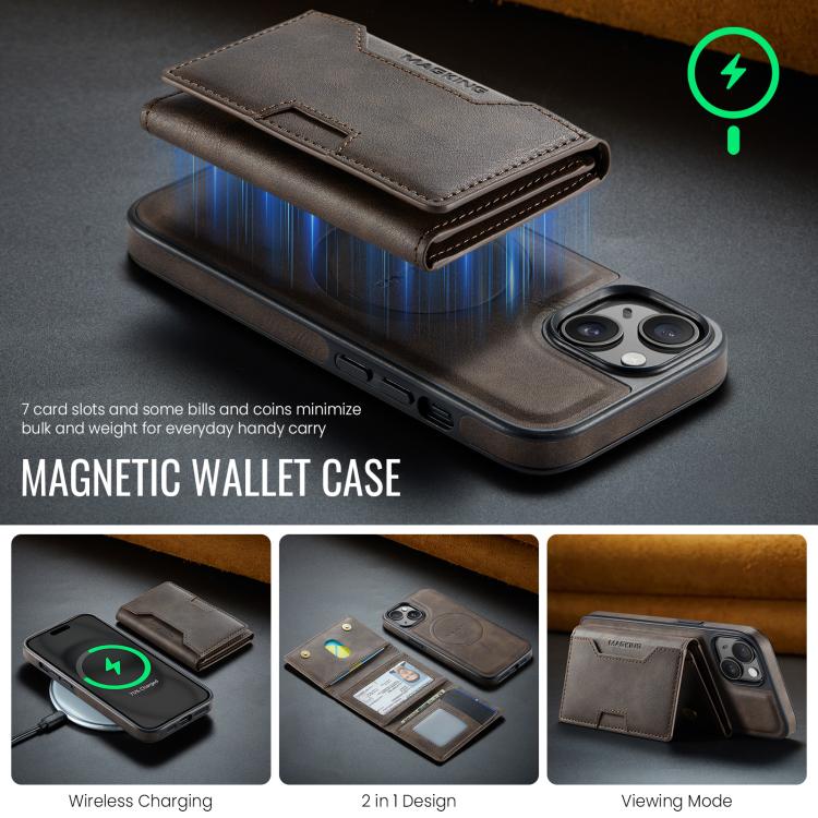 For iPhone 15 MAGKING K4 Series MagSafe RFID Tri-fold Card Bag Detachable Phone Case