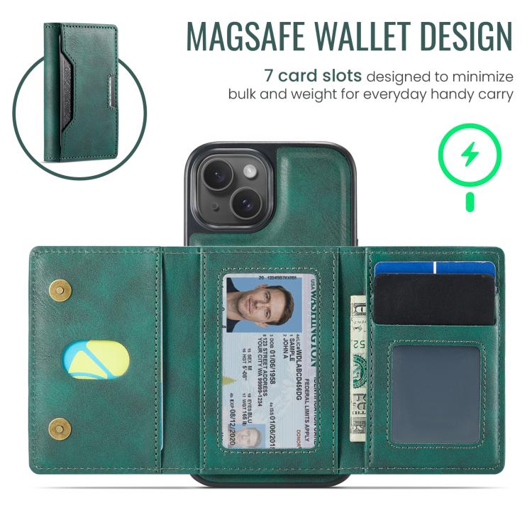 For iPhone 15 MAGKING K4 Series MagSafe RFID Tri-fold Card Bag Detachable Phone Case