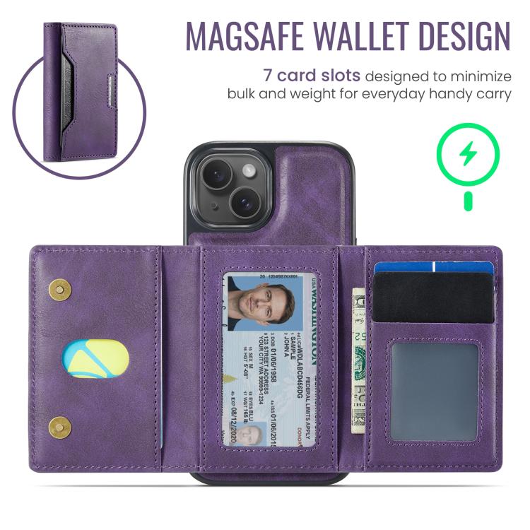 For iPhone 15 MAGKING K4 Series MagSafe RFID Tri-fold Card Bag Detachable Phone Case
