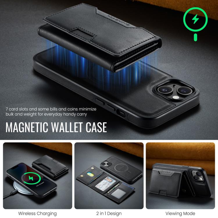 For iPhone 14 Plus MAGKING K4 Series MagSafe RFID Tri-fold Card Bag Detachable Phone Case
