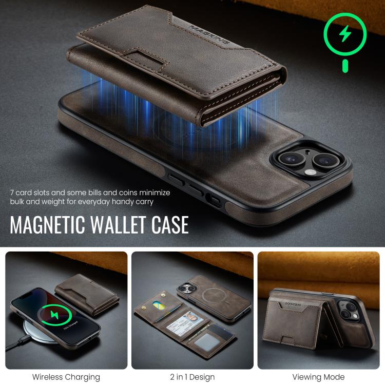 For iPhone 14 Plus MAGKING K4 Series MagSafe RFID Tri-fold Card Bag Detachable Phone Case