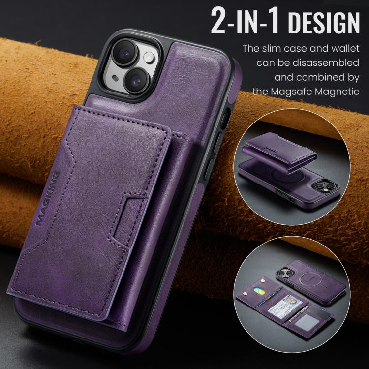 For iPhone 14 Plus MAGKING K4 Series MagSafe RFID Tri-fold Card Bag Detachable Phone Case