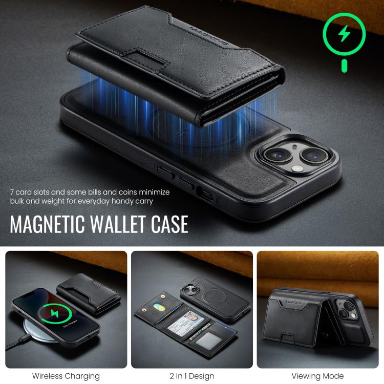 For iPhone 14 MAGKING K4 Series MagSafe RFID Tri-fold Card Bag Detachable Phone Case