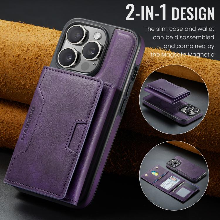 For iPhone 14 Pro MAGKING K4 Series MagSafe RFID Tri-fold Card Bag Detachable Phone Case