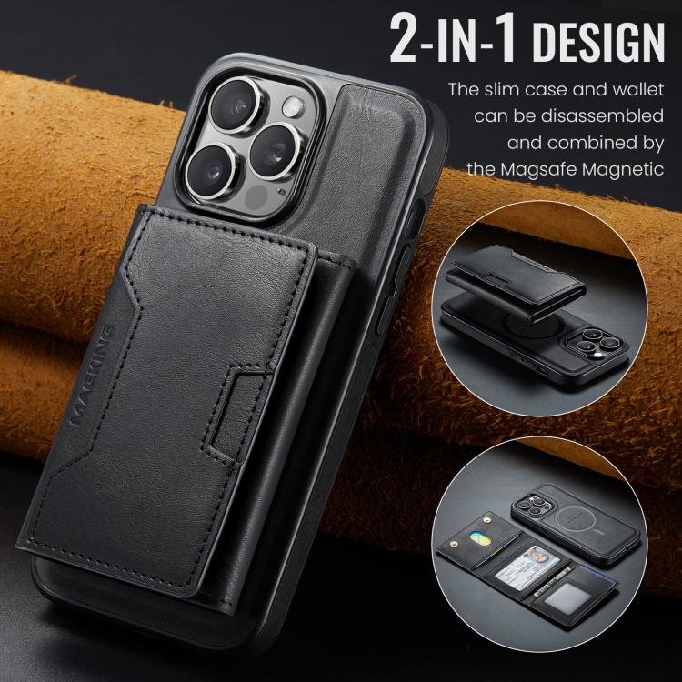 For iPhone 14 Pro Max MAGKING K4 Series MagSafe RFID Tri-fold Card Bag Detachable Phone Case