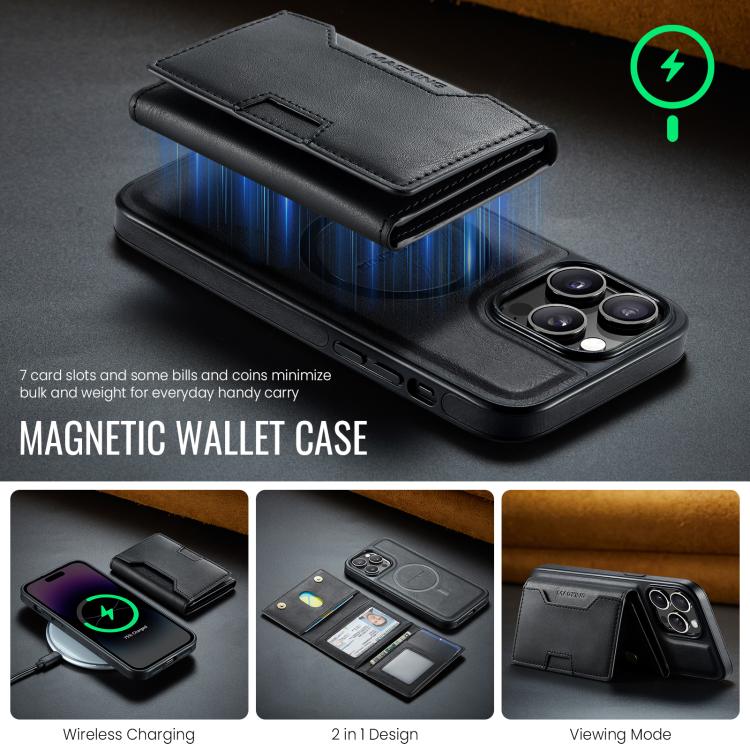 For iPhone 14 Pro Max MAGKING K4 Series MagSafe RFID Tri-fold Card Bag Detachable Phone Case