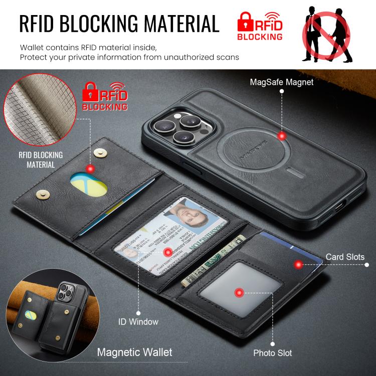 For iPhone 14 Pro Max MAGKING K4 Series MagSafe RFID Tri-fold Card Bag Detachable Phone Case