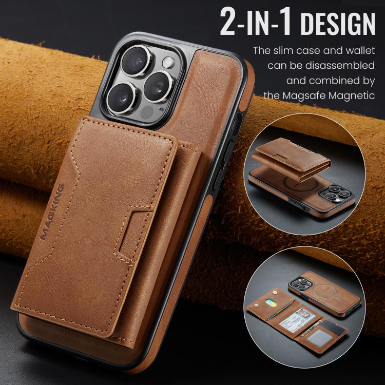 For iPhone 14 Pro Max MAGKING K4 Series MagSafe RFID Tri-fold Card Bag Detachable Phone Case