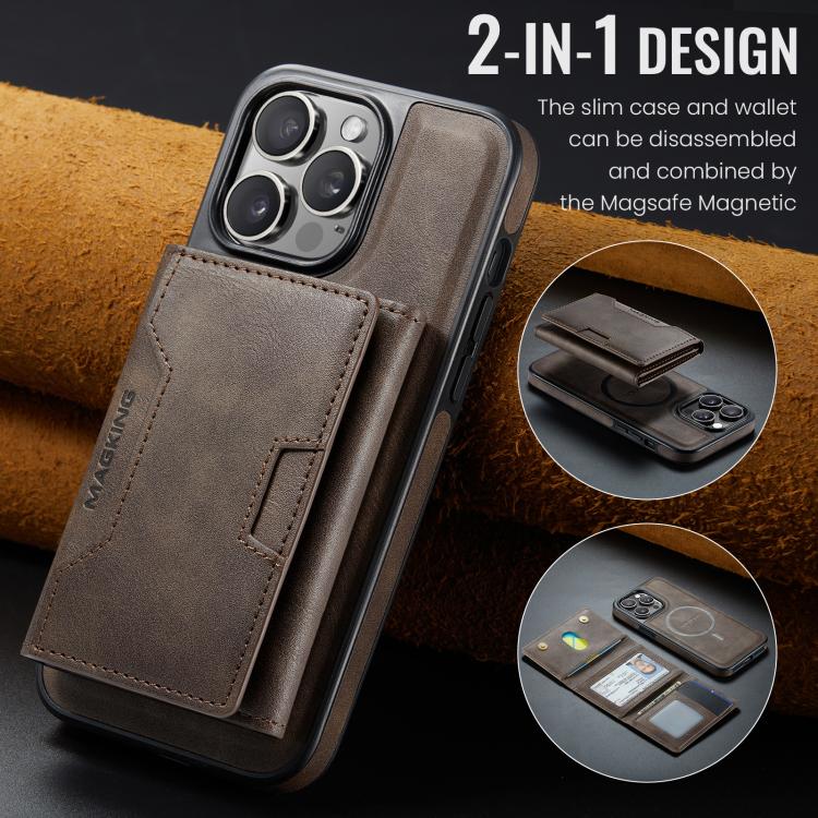 For iPhone 14 Pro Max MAGKING K4 Series MagSafe RFID Tri-fold Card Bag Detachable Phone Case