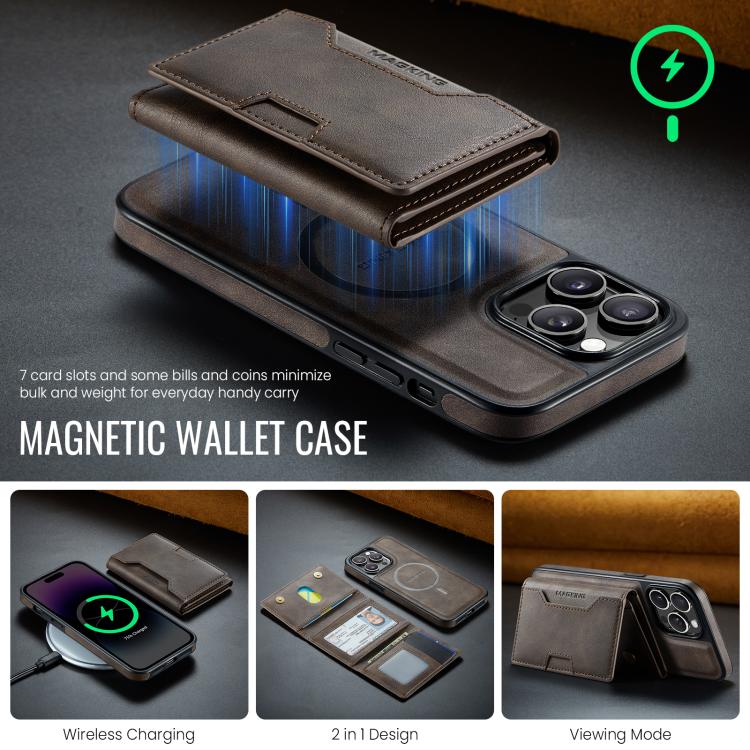 For iPhone 14 Pro Max MAGKING K4 Series MagSafe RFID Tri-fold Card Bag Detachable Phone Case