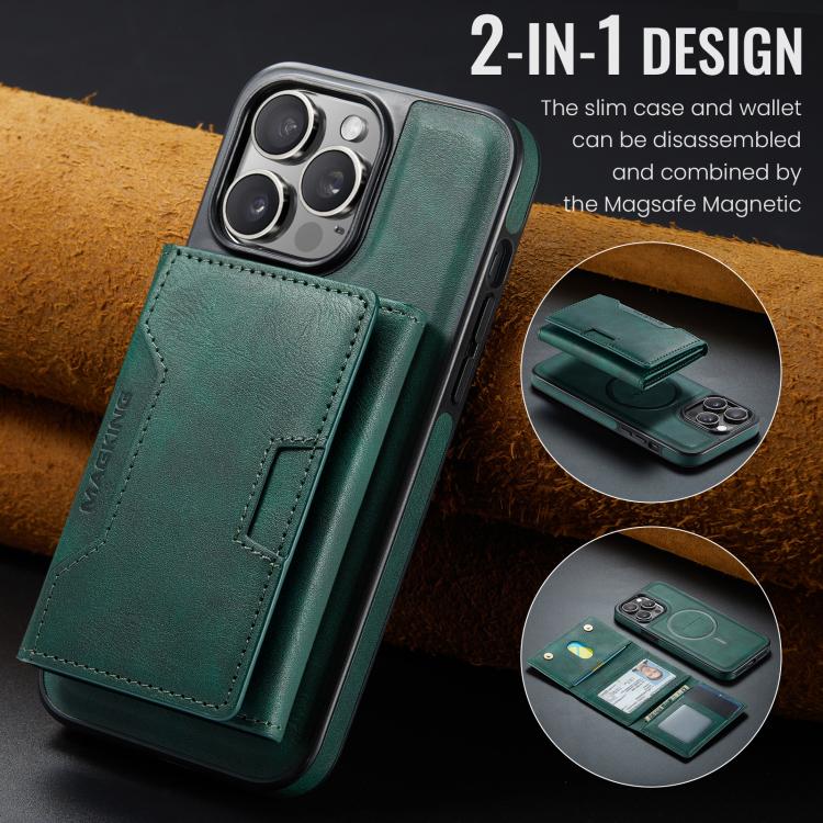 For iPhone 14 Pro Max MAGKING K4 Series MagSafe RFID Tri-fold Card Bag Detachable Phone Case