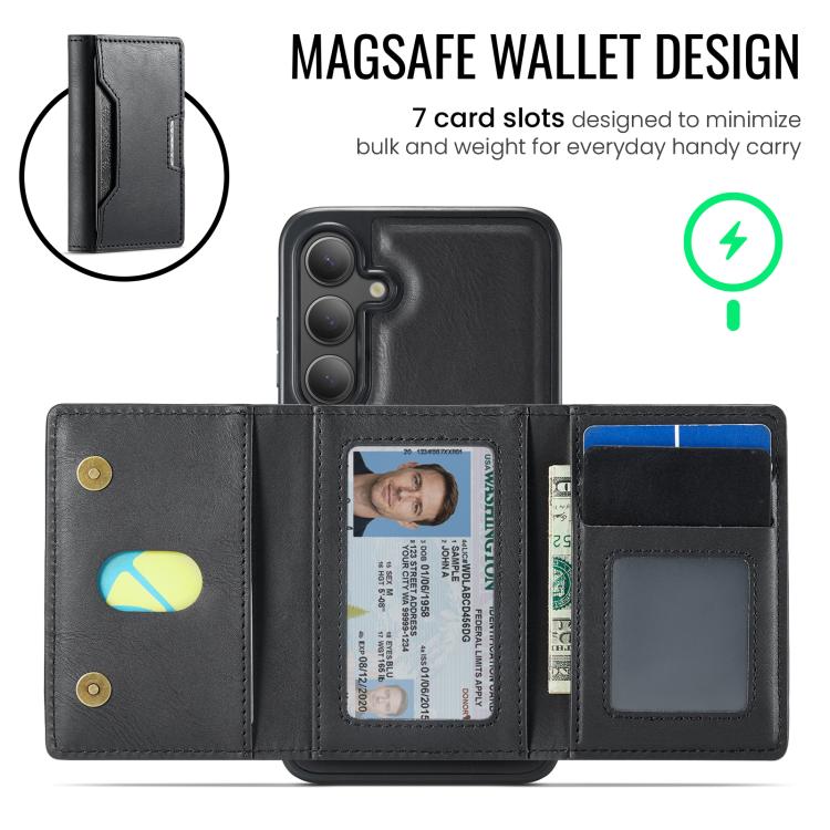 For Samsung Galaxy S24 FE 5G MAGKING K4 Series MagSafe RFID Tri-fold Card Bag Detachable Phone Case