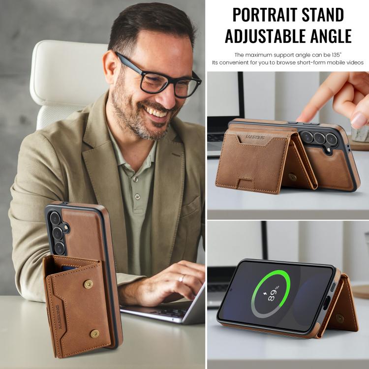 For Samsung Galaxy S24 FE 5G MAGKING K4 Series MagSafe RFID Tri-fold Card Bag Detachable Phone Case