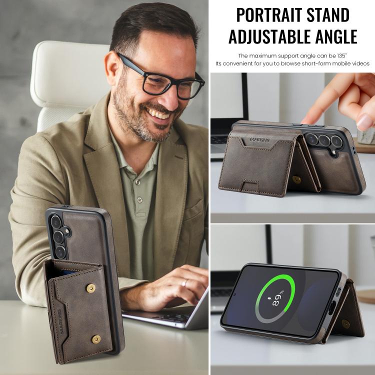For Samsung Galaxy S24 FE 5G MAGKING K4 Series MagSafe RFID Tri-fold Card Bag Detachable Phone Case