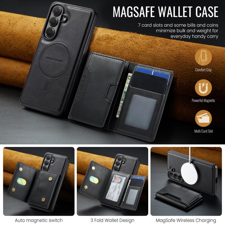 For Samsung Galaxy S26+ 5G MAGKING K4 Series MagSafe RFID Tri-fold Card Bag Detachable Phone Case