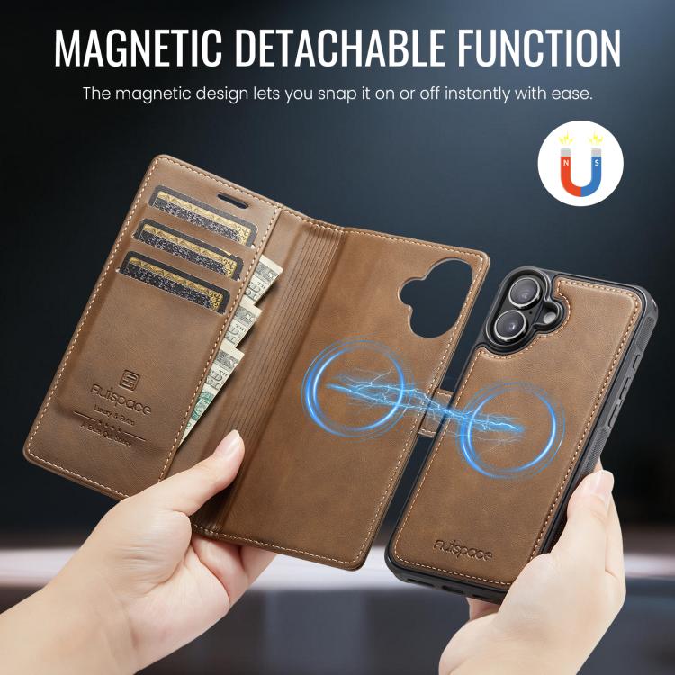 For iPhone 16 Plus AutSpace A05 2 in 1 Retro Calf Texture MagSafe Magnetic Phone Case