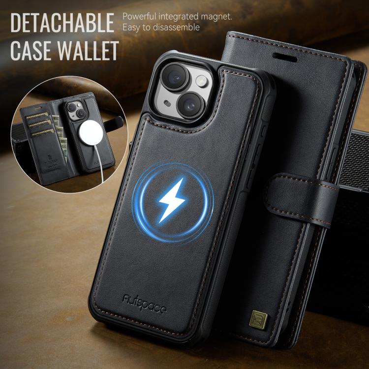 For iPhone 15 Plus AutSpace A05 2 in 1 Retro Calf Texture MagSafe Magnetic Phone Case