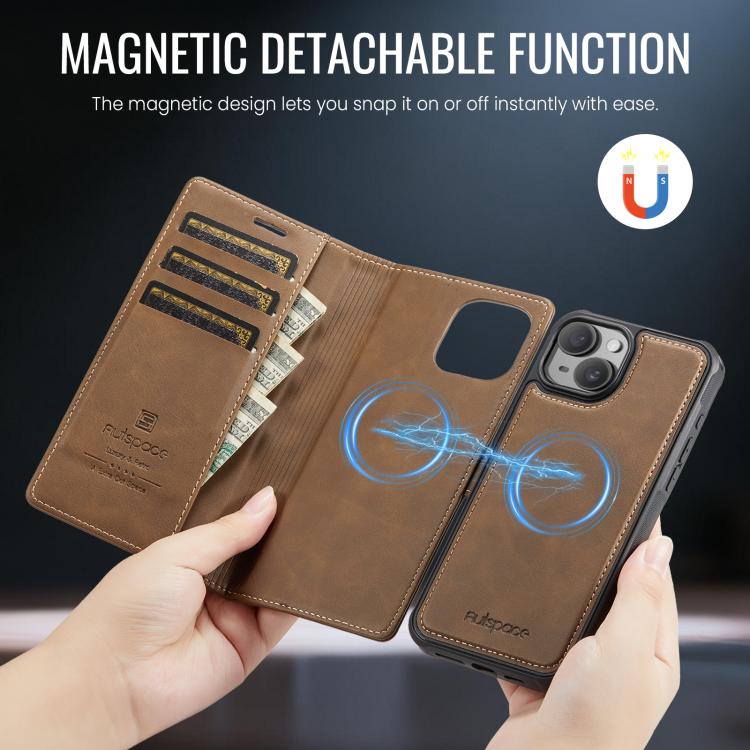 For iPhone 15 Plus AutSpace A05 2 in 1 Retro Calf Texture MagSafe Magnetic Phone Case