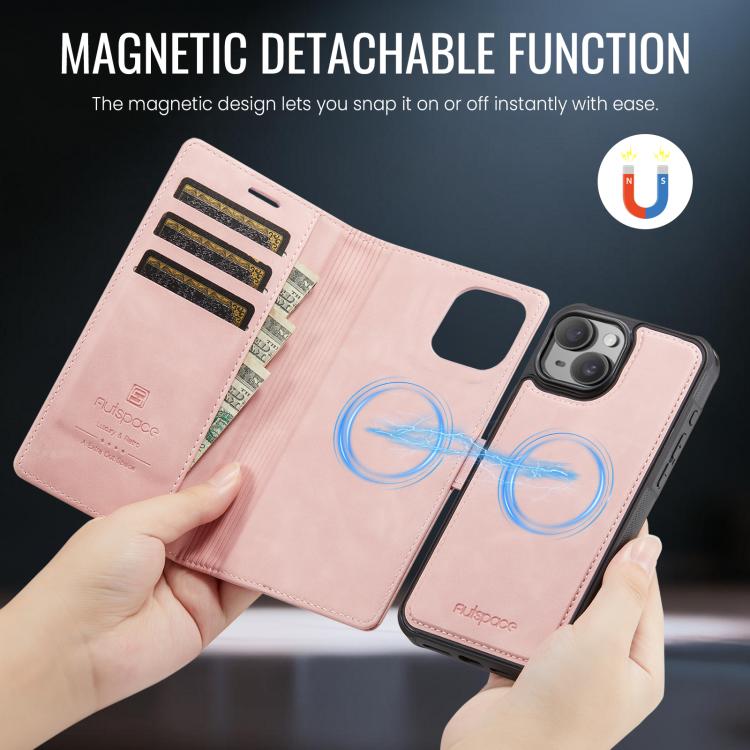 For iPhone 15 Plus AutSpace A05 2 in 1 Retro Calf Texture MagSafe Magnetic Phone Case