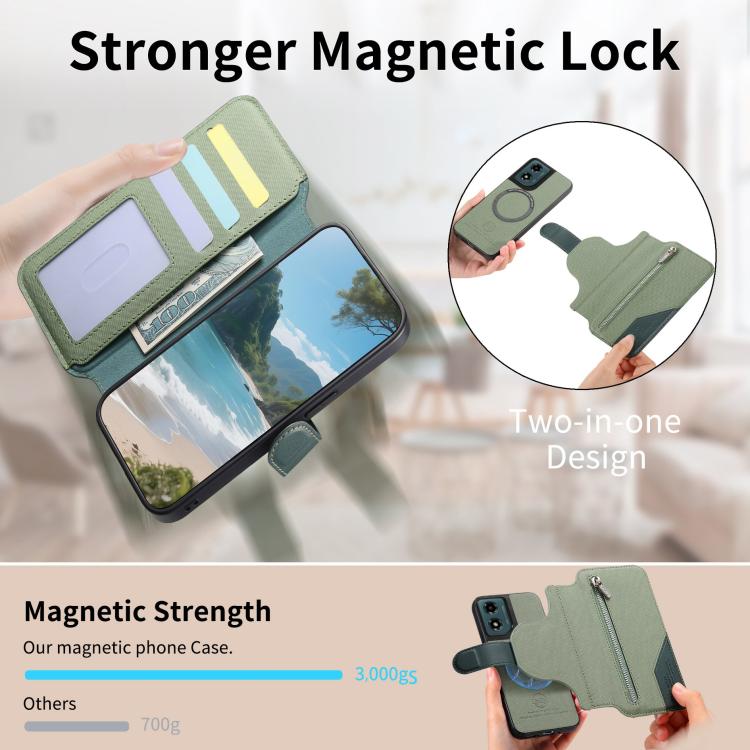 For Motorola Moto E14 / G04 / G24 Twill Fabric MagSafe RFID Anti-theft Zipper Wallet Leather Phone Case