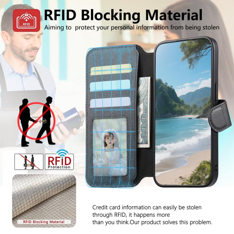 For Motorola Moto G75 5G Twill Fabric MagSafe RFID Anti-theft Zipper Wallet Leather Phone Case
