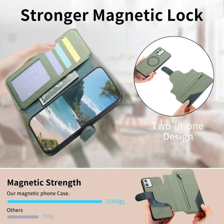 For Motorola Moto G84 Twill Fabric MagSafe RFID Anti-theft Zipper Wallet Leather Phone Case