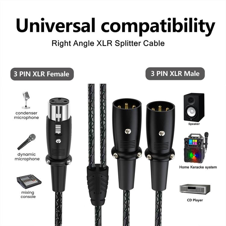 Y-type Balanced Microphone Splitter XLR Audio Cable, Length: 0.5m, Specification:Female Straight to 2xMale Elbow - Black