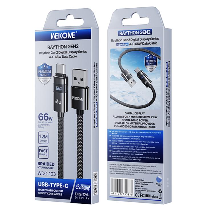 WK WDC-103 Raython 2 Digital Display 66W USB to Type-C Fast Charging Data Cable, Length: 1.2m