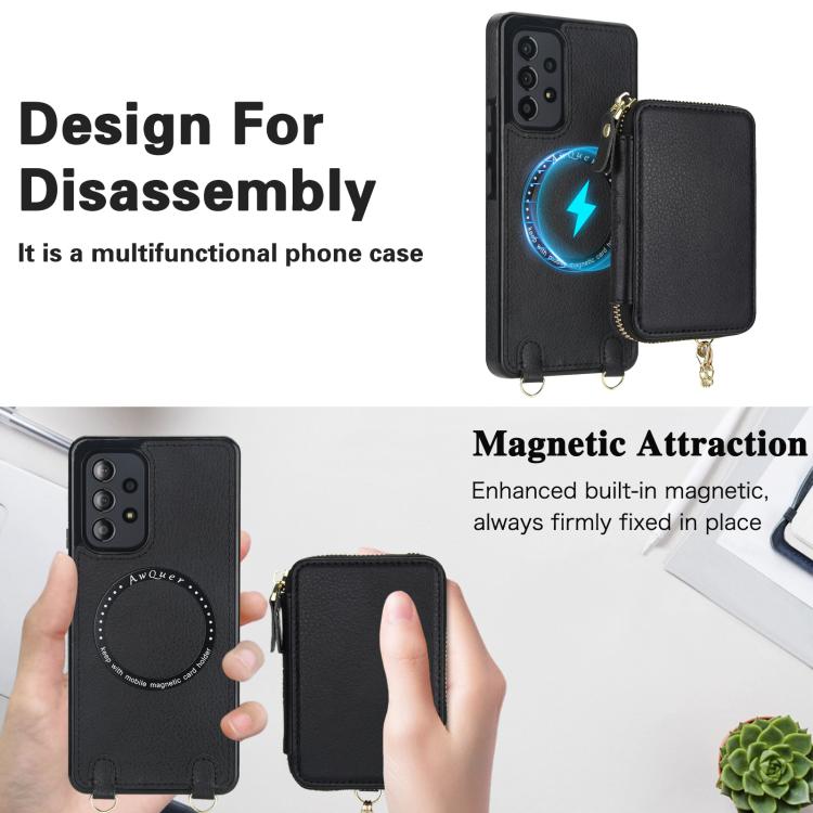 For Samsung Galaxy A53 4G / 5G AwQuer 2 in 1 Crossbody Zipper Wallet Leather Back Phone Case