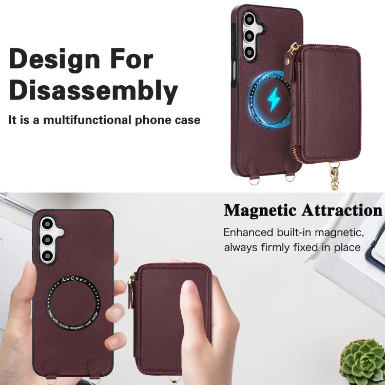 For Samsung Galaxy A14 4G / 5G AwQuer 2 in 1 Crossbody Zipper Wallet Leather Back Phone Case