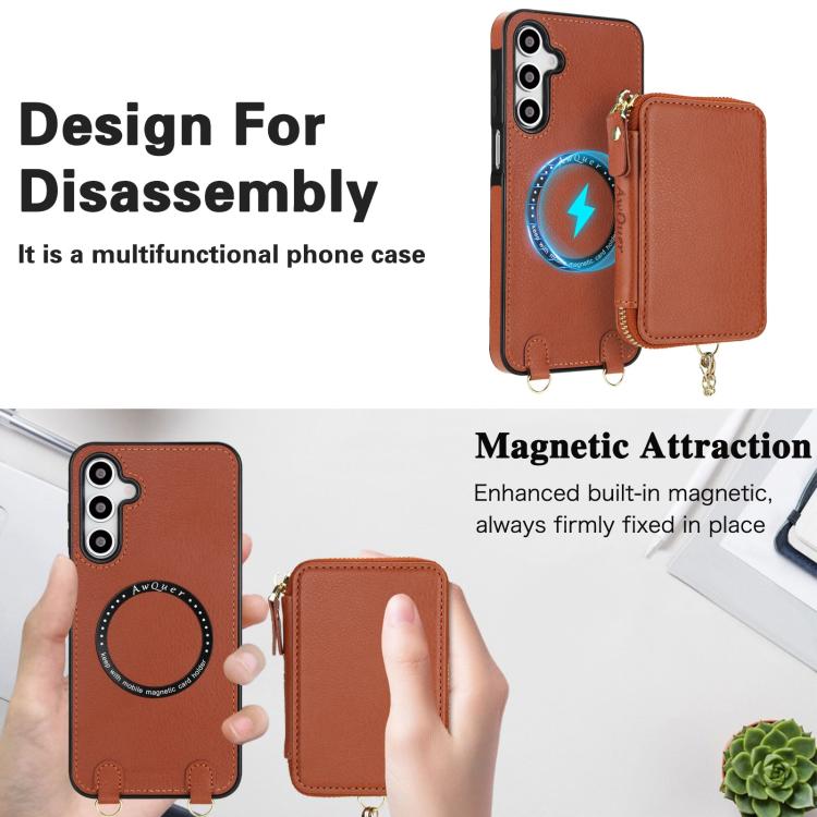 For Samsung Galaxy A14 4G / 5G AwQuer 2 in 1 Crossbody Zipper Wallet Leather Back Phone Case