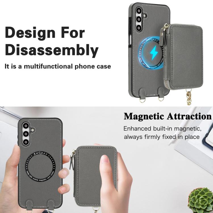 For Samsung Galaxy A15 4G / 5G AwQuer 2 in 1 Crossbody Zipper Wallet Leather Back Phone Case