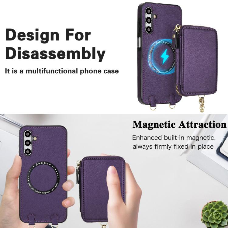 For Samsung Galaxy A15 4G / 5G AwQuer 2 in 1 Crossbody Zipper Wallet Leather Back Phone Case