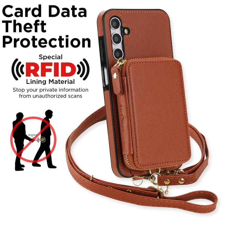 For Samsung Galaxy A15 4G / 5G AwQuer 2 in 1 Crossbody Zipper Wallet Leather Back Phone Case