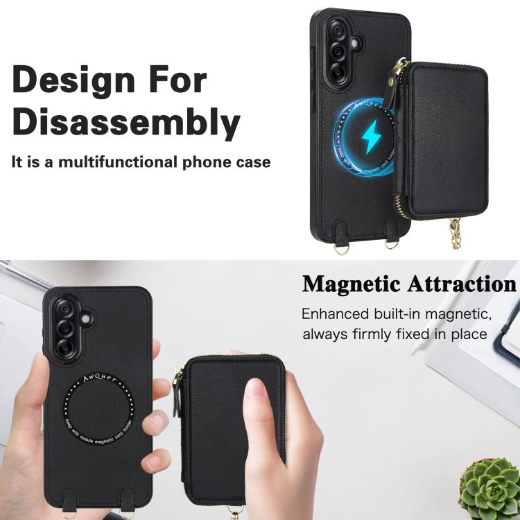 For Samsung Galaxy A56 5G AwQuer 2 in 1 Crossbody Zipper Wallet Leather Back Phone Case