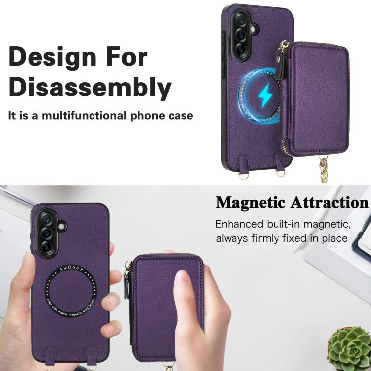 For Samsung Galaxy A56 5G AwQuer 2 in 1 Crossbody Zipper Wallet Leather Back Phone Case