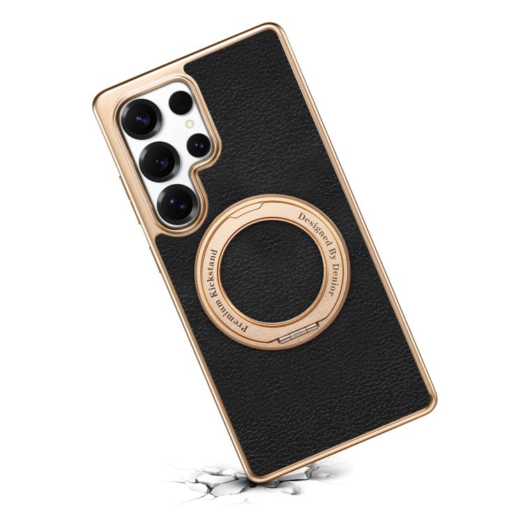 For Samsung Galaxy S25 Ultra 5G Denior A23 Magnetic Holder Electroplating Genuine Leather Phone Case